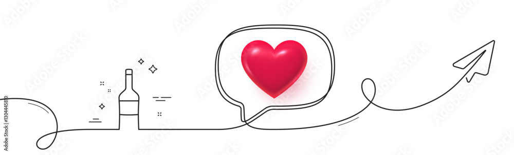Poster wine bottle line icon. continuous line with share plane. merlot or cabernet sauvignon sign. 3d heart