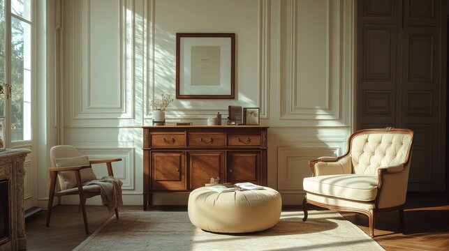 A meticulously arranged living room, a modern classic masterpiece, boasts a mockup poster frame pouf coffee table, a sleek commode, and a collection of personalized items. The scene is set with copy