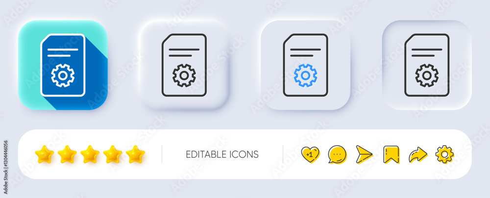 Poster document management line icon. neumorphic, flat shadow, 3d buttons. information file with cogwheel s