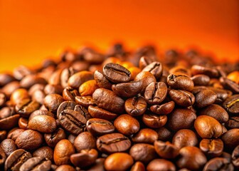 Fototapeta premium Aromatic Roasted Coffee Beans on Vibrant Orange Background - Stock Photo