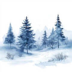 Obraz premium Serene Winter Landscape Misty Blue Forest Watercolor Painting