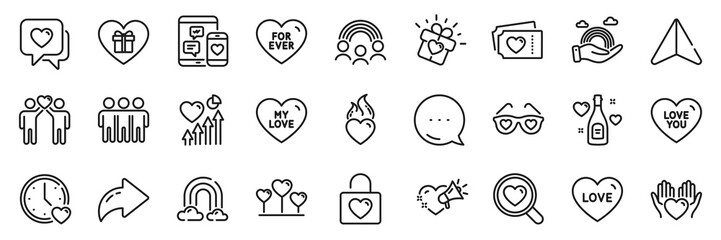 For ever, Search love and Dating line icons pack. Share, Message, Paper plane icons. Rainbow, Heart, Love tickets web icon. Inclusion, Wedding locker, Friendship pictogram. Vector