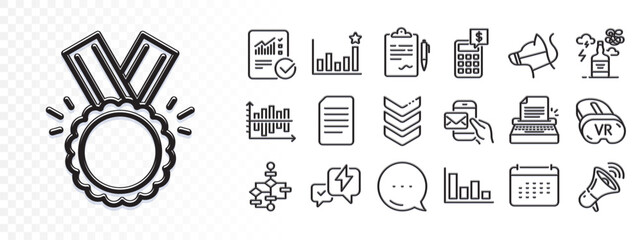 Document, Honor and Clipboard line icons for web app. Glare of light effect. Message icon. Pack of Dog leash, Efficacy, Messenger mail pictogram icons. Vr, Calendar, Lightning bolt signs. Vector