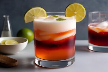 colorful smoothie made of different fruits layered in a glass