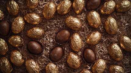 Obraz premium Foil-wrapped chocolate Easter eggs on shredded paper. Festive flat lay, top view.