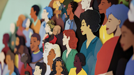 A paper cut artwork depicting a diverse crowd of people. The figures are carefully crafted with unique shapes and sizes, representing a variety of backgrounds and cultures
