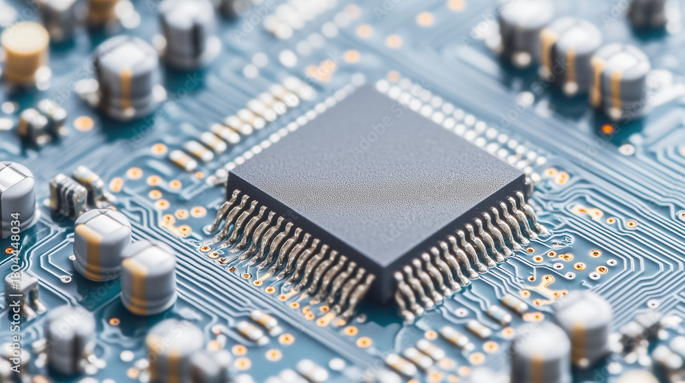 Poster microchip's intricate circuitry, revealing the core of modern technology and innovation.