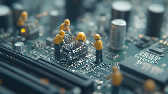 Miniature Tech Team: A group of miniature figurines, clad in yellow safety gear, meticulously work on a detailed computer circuit board, symbolizing technology, innovation, and intricate repair.