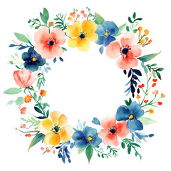 Watercolor illustration, sketch. Cute wreath of delicate spring flowers on white background. Pink, yellow and blue flowers, green leaves and plants. Spring, easter, 8 march. Blurred paint stains.