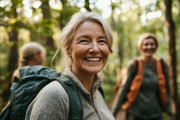 Obraz premium A joyful mature woman walking in a forest with her friends, smiling and embracing the tranquility of the natural environment.