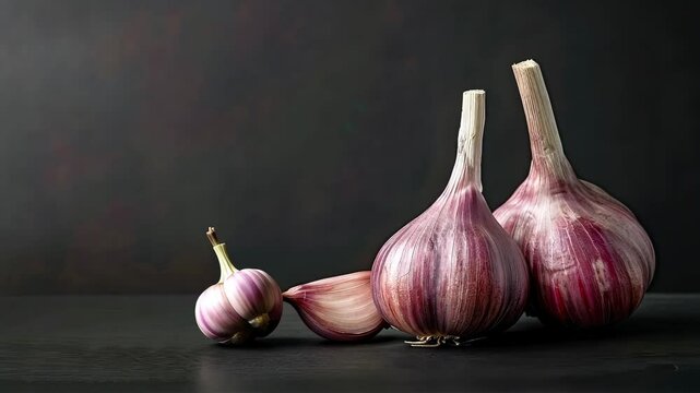 A close-up of fresh garlic bulbs showcases their vibrant colors and unique textures, emphasizing culinary potential and freshness