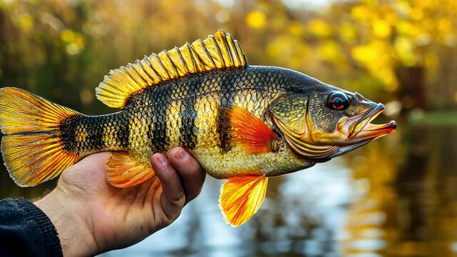 Close-up of river fish in hands. Selective focus