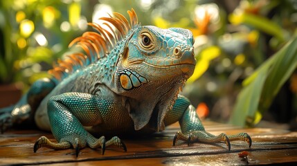 Fototapeta premium Blue iguana posing on wood, tropical garden backdrop, nature documentary