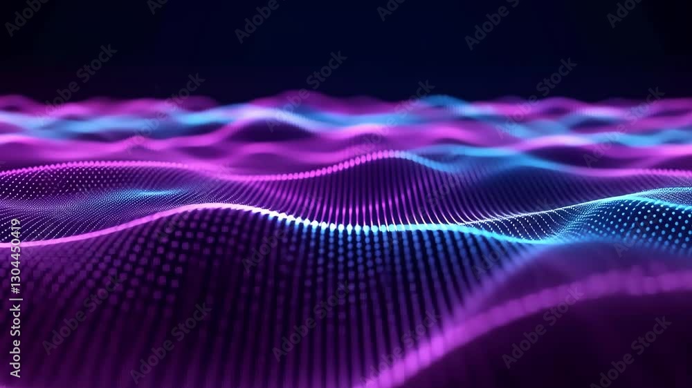 Poster abstract digital wave of glowing purple and blue particles forming a futuristic cyber surface with a