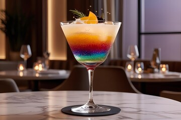 colorful smoothie made of different fruits layered in a glass