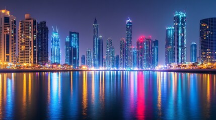 Fototapeta premium Dubaiâ€™s illuminated skyline at night, with shimmering lights reflecting on the calm river below.