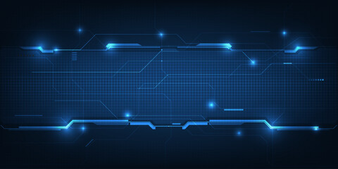 Vector illustrations of abstract blue digital hi tech background with glowing horizontal line and digital element circuit pattern.Digital technology concept.	