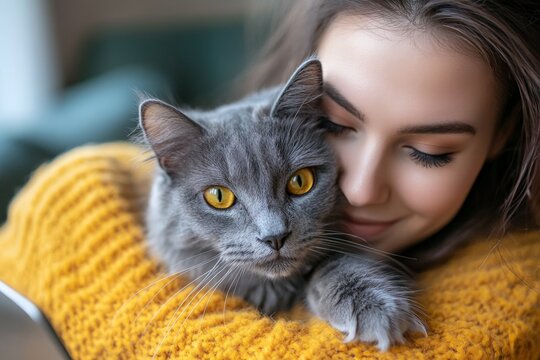 Young woman embraces a gray cat in a cozy setting with soft lighting and warm, knit sweater during fall season