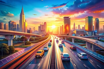 Fototapeta premium Bangkok Expressway Tollway Traffic, Busy Highway Scene, Thailand Cityscape, Asian Vehicles, Urban Transportation