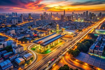Fototapeta premium Bangkok Gas Station Aerial View, December 2020 - Thailand Petrol Station Overhead Shot