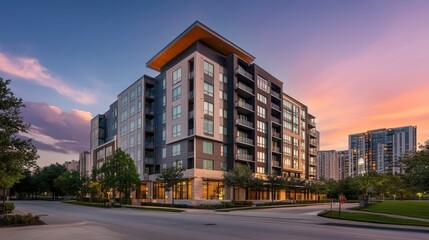 Modern Urban Oasis: A sleek, contemporary apartment building, with its stylish architecture and expansive windows, stands tall against a vibrant sunset sky.