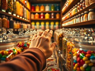 A person's hand picking colorful candies from a row of glass jars in a candy store, with selective focus.