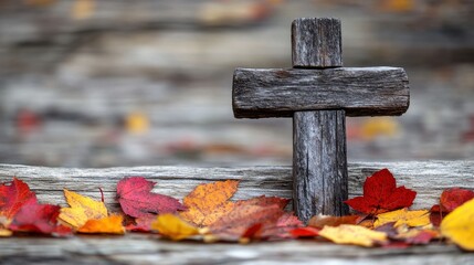 A weathered wooden cross, its surface adorned with the fiery hues of autumn leaves, stands majestically against a backdrop of light wood, inviting contemplation and copy space for your message.