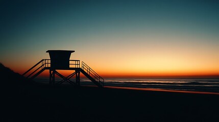 Silhouetted lifeguard towers standing tall on a quiet beach at sunset.