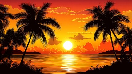 Silhouetted palm trees swaying in the breeze as the sun sets over the ocean.