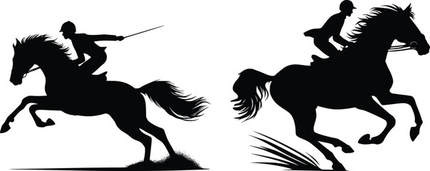 Dynamic silhouette of a rider leaning forward on a galloping horse with arm extended, tail flowing, facing right, creating a sense of speed and urgency, black on white background, dramatic motion
