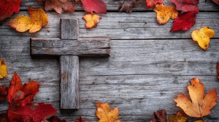 A weathered wooden cross, its surface adorned with the fiery hues of autumn leaves, stands majestically against a backdrop of light wood, inviting contemplation and copy space for your message.