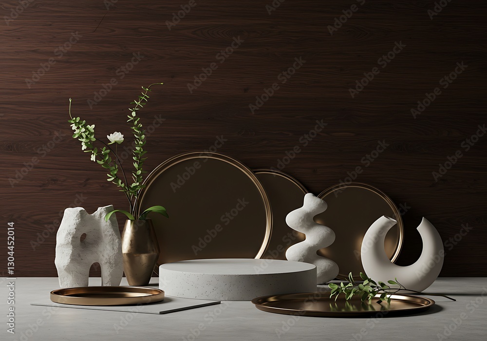 Poster elegant product display setup with floral arrangement and modern art objects