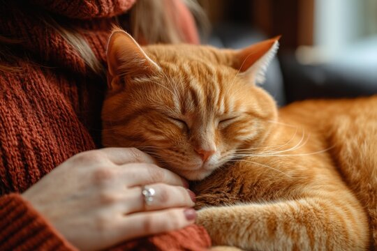 Cozy orange cat asleep on a person's lap while enjoying a quiet afternoon at home - Powered by Adobe