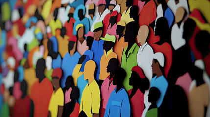 A paper cut artwork depicting a diverse crowd of people. The figures are carefully crafted with unique shapes and sizes, representing a variety of backgrounds and cultures