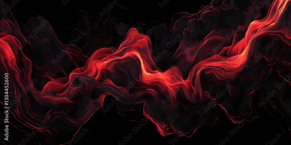 Poster abstract background with streaming red waves on black, dynamic flowing lines and swirls design