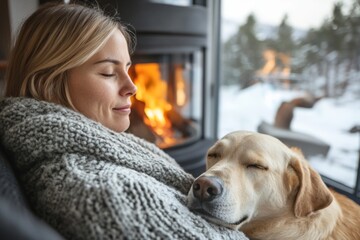 Cozy moment by the fireplace with a dog on a winter day in a warm indoor setting