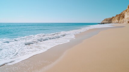 Fototapeta premium Serene beach view with golden sands, gentle waves, and clear blue skies. Perfect for a tranquil getaway.