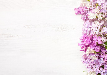 Flowers of Lilac on the  white wooden shabby background. Floral border. Flat lay.