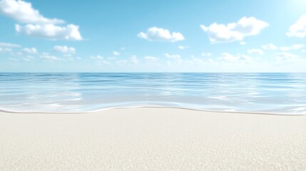 Obraz premium Serene beach with clear blue sky and calm ocean waves under fluffy clouds, ideal for relaxation and escape.