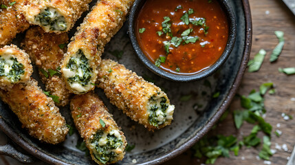 Golden-brown mozzarella sticks filled with a cheesy spinach mixture, served with a spicy dipping sauce, perfect for a savory appetizer or party snack.