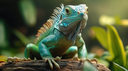 Obraz premium Green iguana posing, tropical garden, sunlight, nature documentary