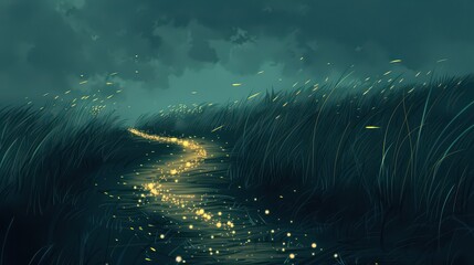 A glowing trail of fireflies in the night air, creating a soft path leading to an unknown destination
