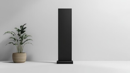 A sleek, black Standee Rollup, its vibrant colors and minimalist design ready to capture attention, is poised on a white backdrop, ready for your captivating message.