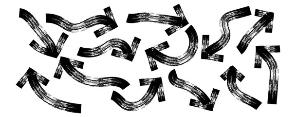 Collection black bold brush drawn arrows and  curved line . Hand drawn vector quirky spiral arrows and thick emphasis lines. Grunge lines can be used as art brushes.. 