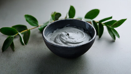 Bowl of clay mask Refreshing and nourishing cosmetic product. Skincare and wellness concept.