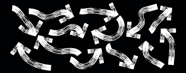 Collection black bold brush drawn arrows and curved line . Hand drawn vector quirky spiral arrows and thick emphasis lines. Grunge lines can be used as art brushes..