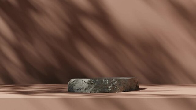 Natural stone podium for beauty and spa cosmetic brand display on brown background wall with plant shadow. Luxury granite material neutral aesthetic interior scene for product placement. Realistic 3d 