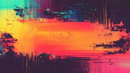 abstract background with glitch patterns and digital noise, vibrant neon colors, retro screen texture, dynamic lines, futuristic look