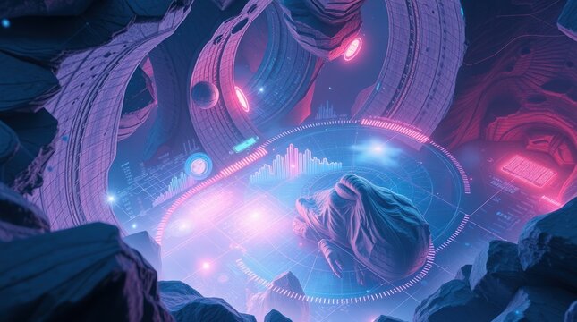 Futuristic Sci-fi Landscape with Glowing Data Visualizations and Alien Structures