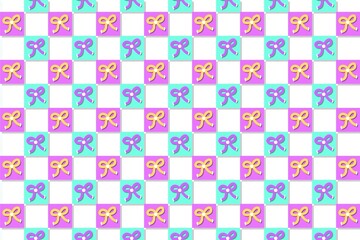 Pink and blue ribbon and squares pattern background. Cute design for wallpaper, textile, print, wrapping paper, print, fabric, art.